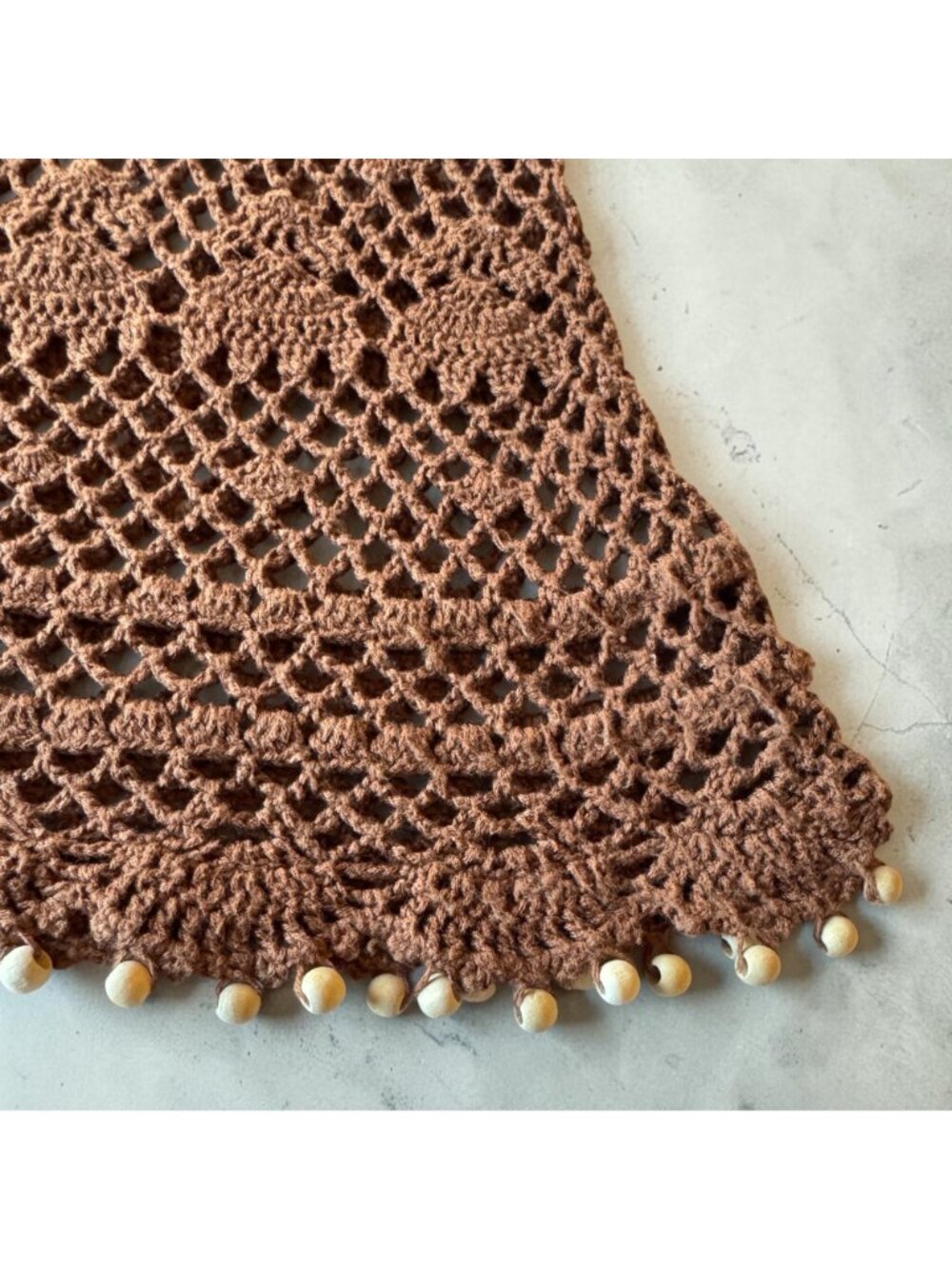 Crochet Brown Tunic Top Retro Boho with Cap Sleeves Tie Neck Detailed Bead Hem - Picture 3 of 13